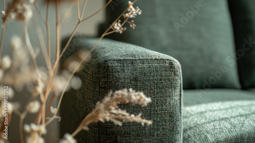 Grünes Sofa mit Trockenblumen im Vordergrund in Nahaufnahme.