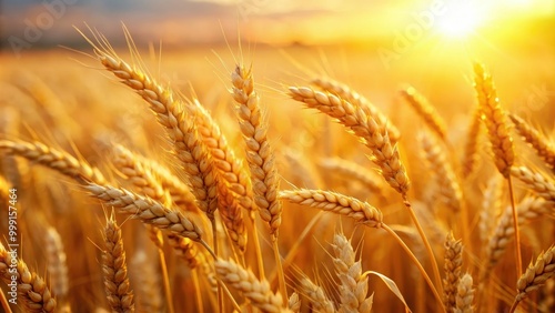 Close up of ripe wheat in golden sunlight, wheat, grain, agriculture, crop, harvest, farming, close up, detail, texture, summer