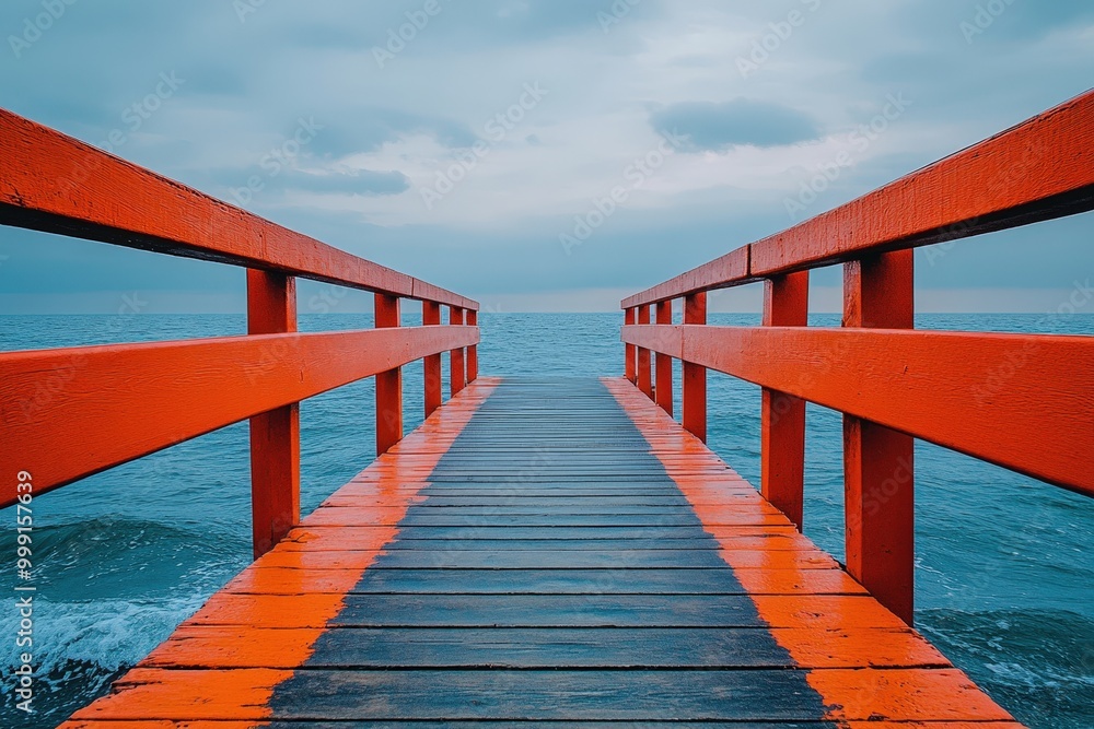 Vibrant red wooden pier overlooking tranquil blue waters Vibrant red wooden pier overlooking tranquil blue waters