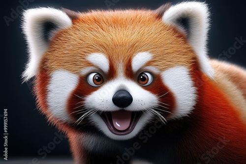 A cheerful red panda displays its playful spirit against a dark backdrop, showcasing its unique fur patterns and captivating expressions