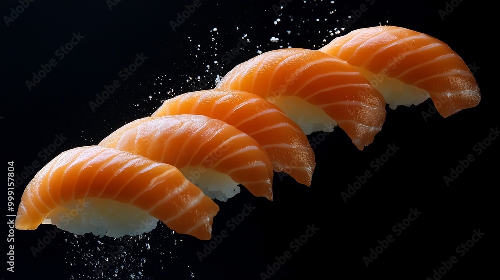 Dynamic salmon nigiri captured mid-air in a stunning arrangement, with vibrant colors and textures standing out against a bold black background