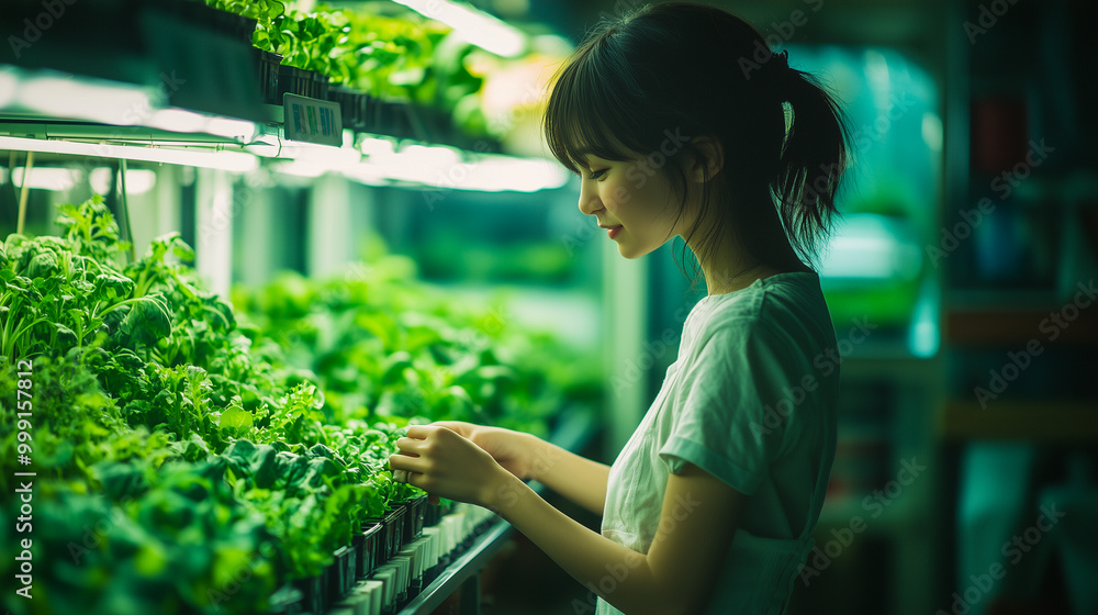 Dedicated Asian woman nurturing her hydroponic garden, highlighting the benefits of innovative agriculture and home gardening Dedicated Asian woman nurturing her hydroponic garden, highlighting the benefits of innovative agriculture and home gardening
