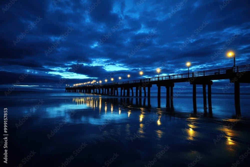Illuminated pier at night with dramatic cloudy sky reflection Illuminated pier at night with dramatic cloudy sky reflection