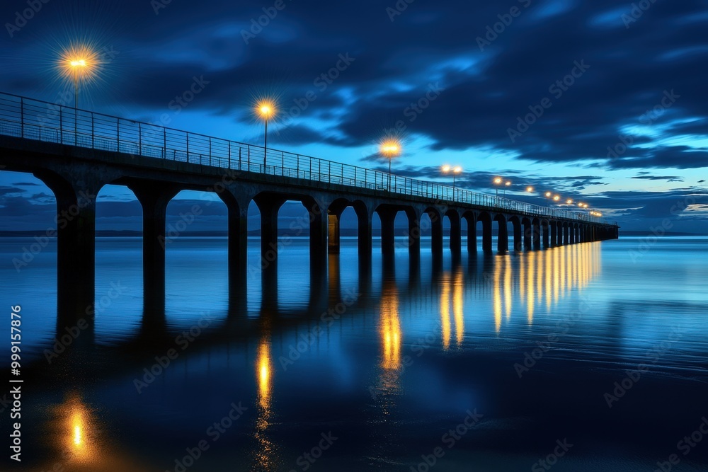 Obraz premium Illuminated bridge over calm waters at dusk