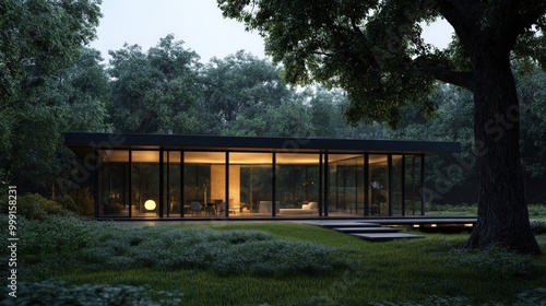 modern glass house in lush forest at night