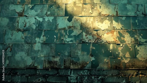 Wallpaper Mural A wall of teal tiles is illuminated by the afternoon sun. The tiles are cracked and peeling, revealing a layer of brick underneath Torontodigital.ca