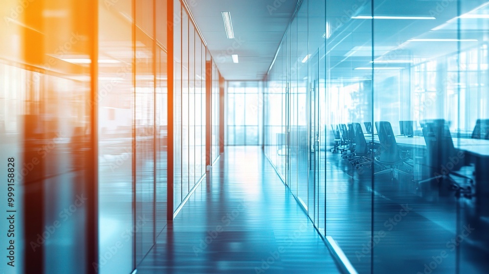Modern Office Corridor with Glass Walls and Lighting Effects Modern Office Corridor with Glass Walls and Lighting Effects