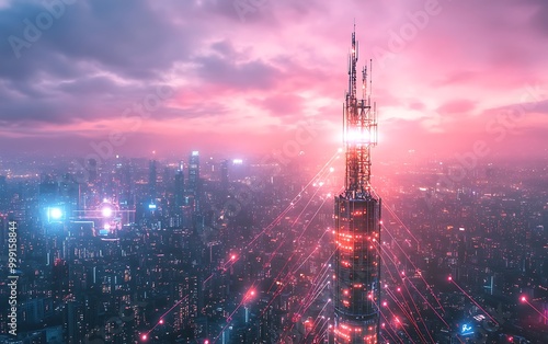 5G Communication Tower Emitting Signals Interconnecting Smart City Devices