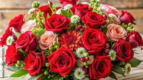 Beautiful bouquet of red roses and mixed flowers , roses, flowers, bouquet, arrangement, celebration, romance, love, gift