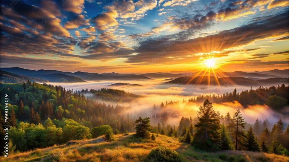 Obraz premium A breathtaking sunrise over a serene wilderness landscape , Sunrise, serenade, awakening, nature, wilderness, landscape, beauty