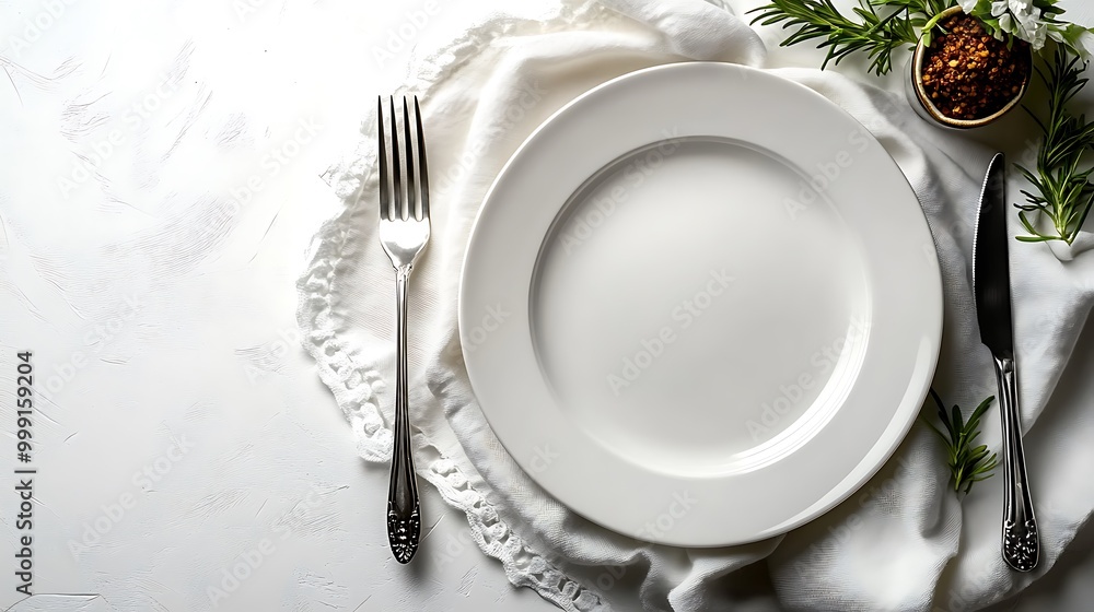 Waiting for our dinner with served plate, fork, and knife in a girl's hands on a white background. A place for text, top view. isolated on white background design Waiting for our dinner with served plate, fork, and knife in a girl's hands on a white background. A place for text, top view. isolated on white background design