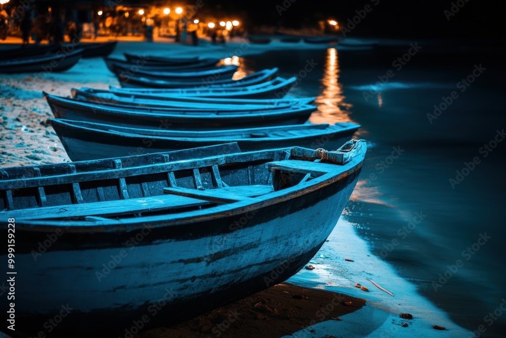 Obraz premium Colorful boats docked at night