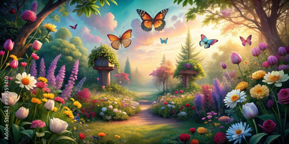 Fantasy garden with blooming flowers, butterflies, and a serene atmosphere at dawn, Fantasy, garden, flowers, butterflies Fantasy garden with blooming flowers, butterflies, and a serene atmosphere at dawn, Fantasy, garden, flowers, butterflies