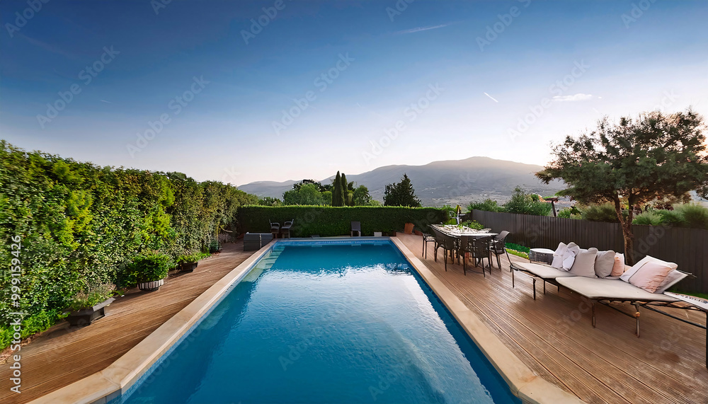 Obraz premium A luxurious outdoor space with a sparkling pool, sun loungers, and breathtaking mountain views