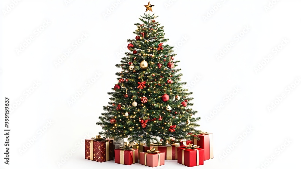 Christmas tree decorated with New Year's gifts, isolated on a white background. Christmas tree decorated with New Year's gifts, isolated on a white background.