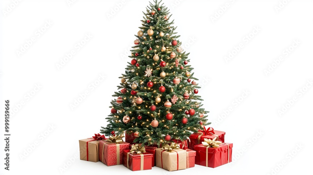 Christmas tree decorated with New Year's gifts, isolated on a white background. Christmas tree decorated with New Year's gifts, isolated on a white background.