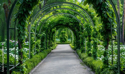 Green garden arches and path, France