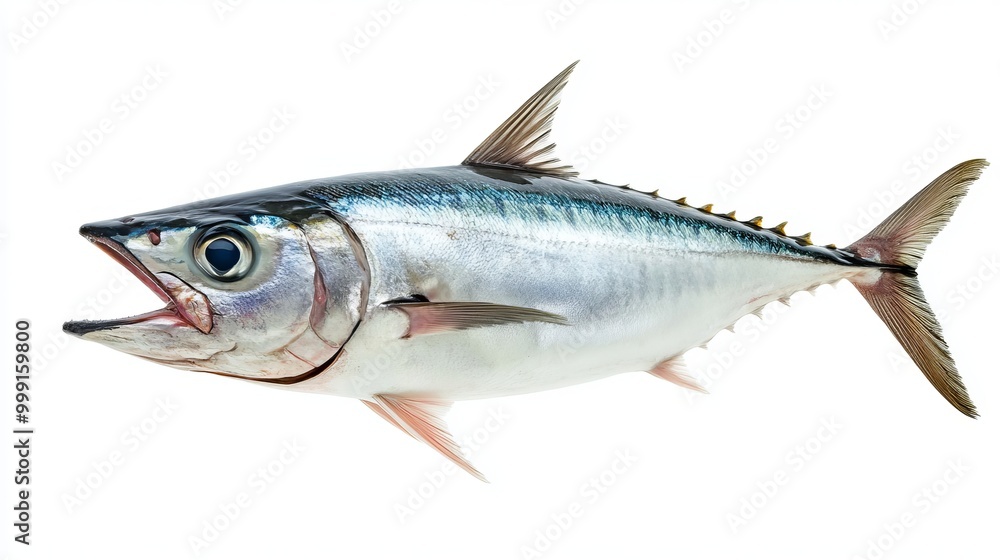 Open-mouthed Atlantic bonito fish. alone against a white backdrop Open-mouthed Atlantic bonito fish. alone against a white backdrop