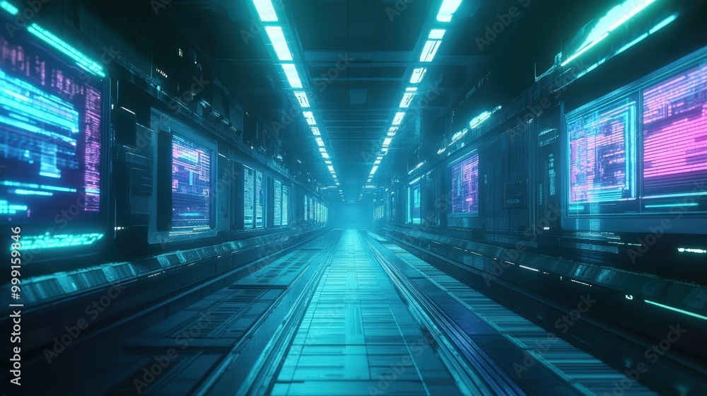 Obraz premium Futuristic data center hallway with glowing neon lights