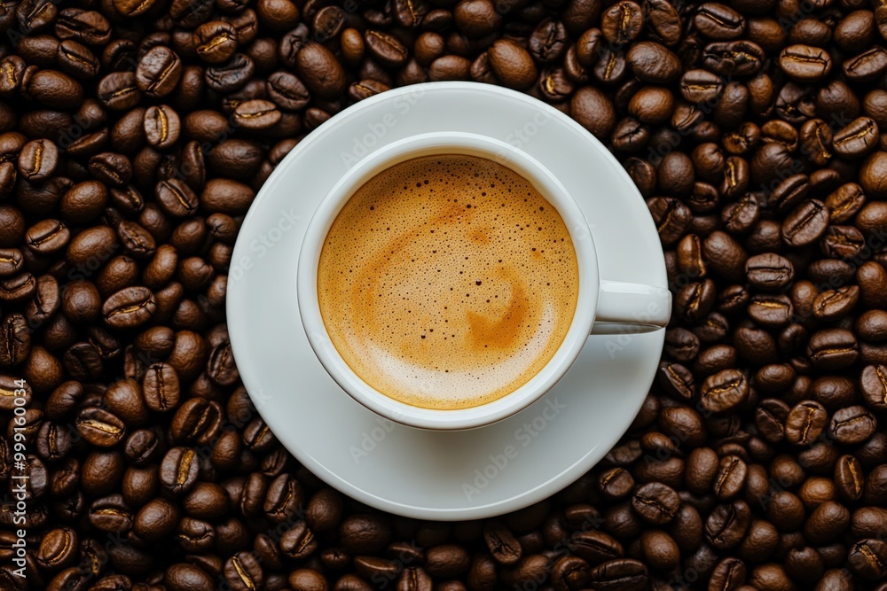 freshly brewed espresso in a white cup surrounded by roasted coffee beans freshly brewed espresso in a white cup surrounded by roasted coffee beans