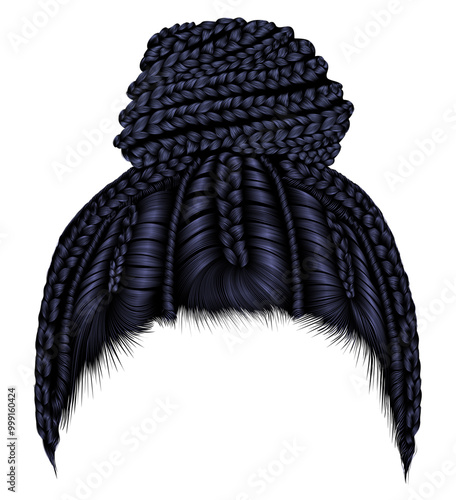 trendy african hair bun with plaits cornrows. black .realistic 3d.
 fashion beauty style.
