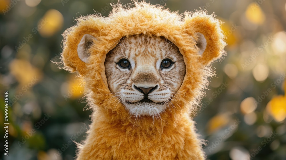 Playful lion cub in costume Playful lion cub in costume