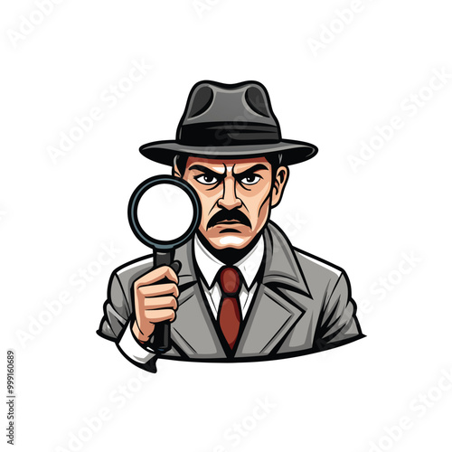 Illustration of a retro detective with a trench coat, fedora, and magnifying glass.