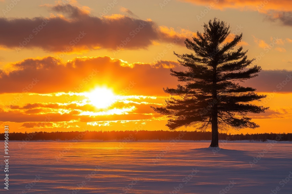 Fototapeta premium Vibrant sunset over a snowy landscape with a lone pine tree