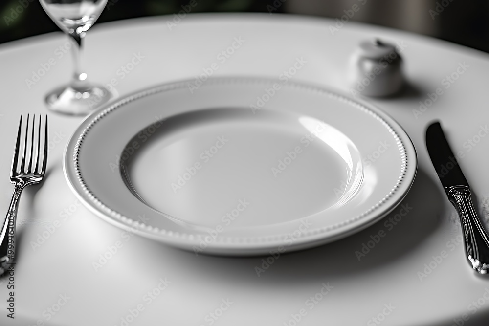 Waiting for our dinner with served plate, fork, and knife in a girl's hands on a white background. A place for text, top view. isolated on white background design Waiting for our dinner with served plate, fork, and knife in a girl's hands on a white background. A place for text, top view. isolated on white background design