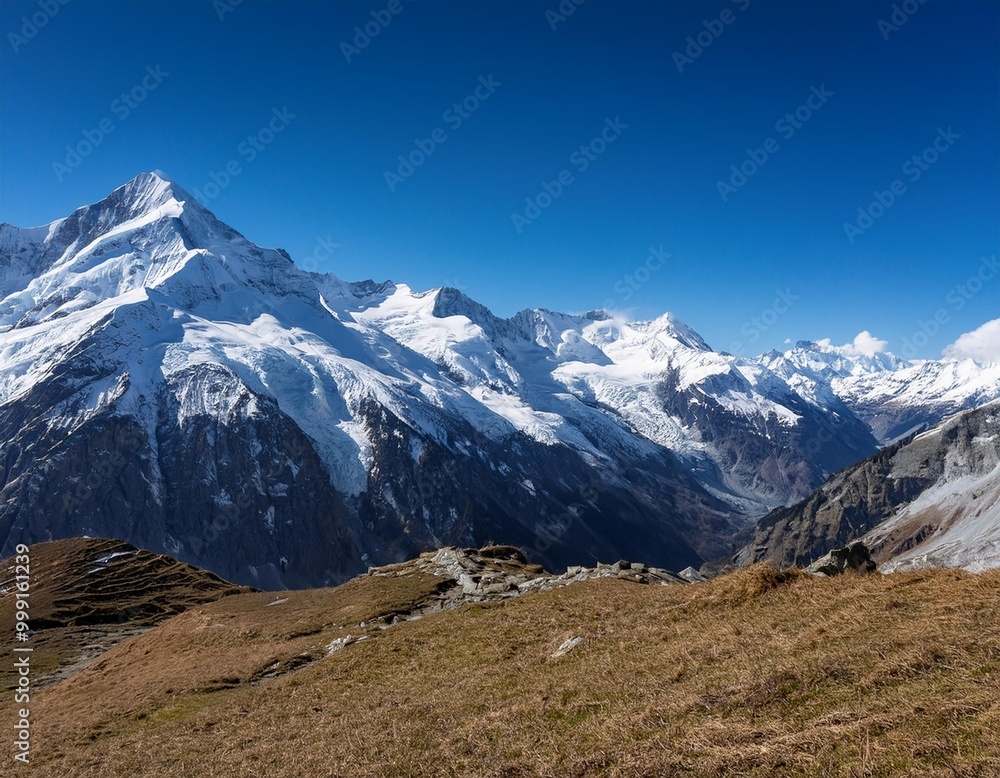 Fototapeta premium Snow-Capped Alps Under a Clear Blue Sky, Showcasing Europe's Majestic Mountains