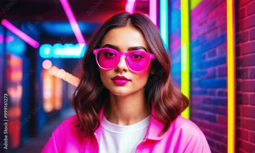 a beautiful female model in pink glasses and pink clothes is smiling at the camera against a beautiful neon strip background a beautiful female model in pink glasses and pink clothes is smiling at the camera against a beautiful neon strip background