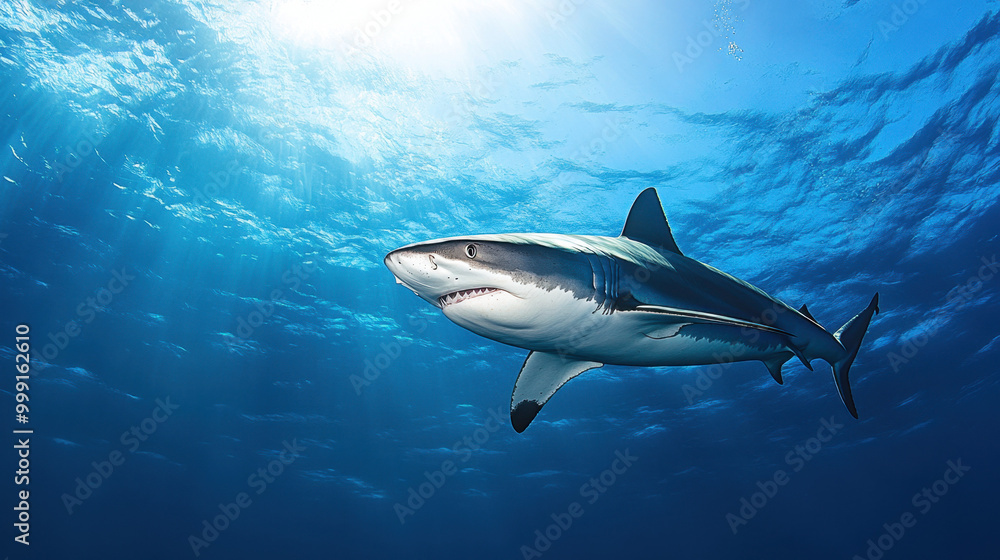 Naklejka premium A majestic great white shark glides gracefully underwater in a serene blue ocean, illuminated by rays of sunlight filtering through the waves.