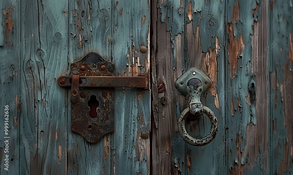 Old wooden door with rusty knocker in the shape of a circle Old wooden door with rusty knocker in the shape of a circle