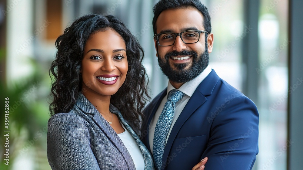 Professional Couple with Smiles in Business Attire Professional Couple with Smiles in Business Attire
