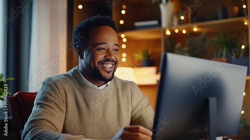 Smiling Man Working at Computer in Cozy Environment