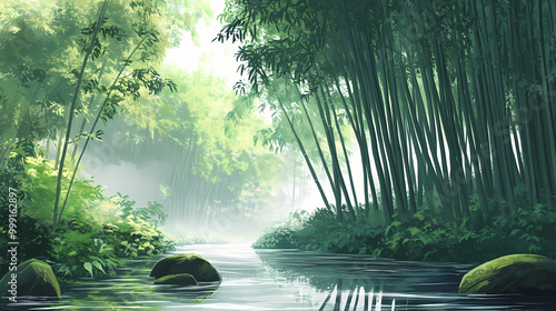 A peaceful bamboo forest with gentle streams and a canopy of leaves providing shade and privacy. Bamboo Forest. Illustration