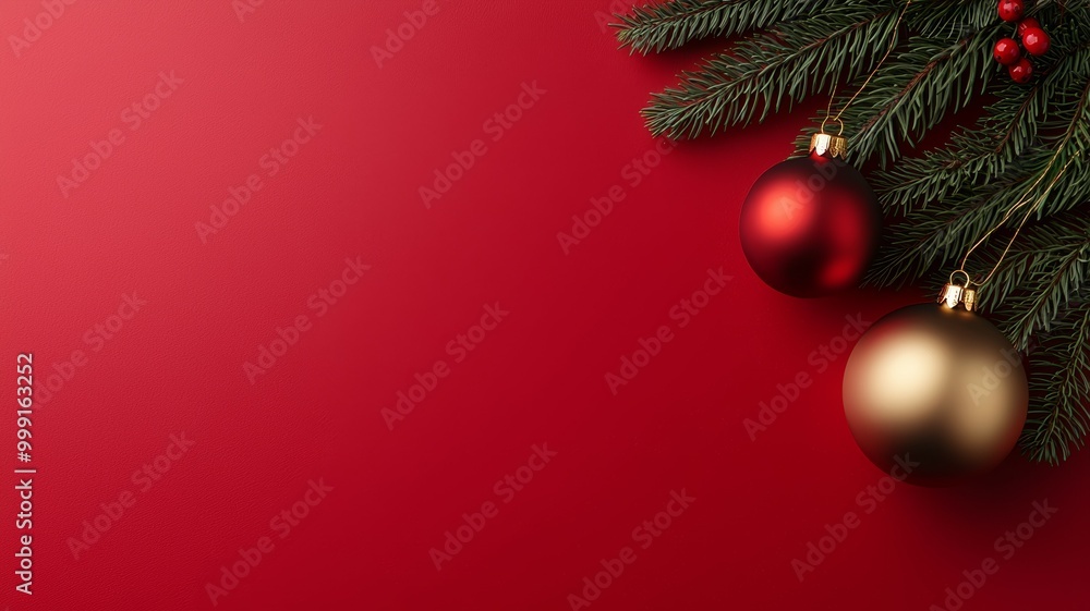 A red background with two gold and red Christmas ornaments A red background with two gold and red Christmas ornaments