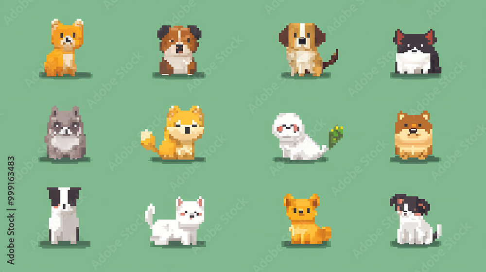 playful pet icon pack in pixel art retro style. Pixelated Graphics. Illustration playful pet icon pack in pixel art retro style. Pixelated Graphics. Illustration