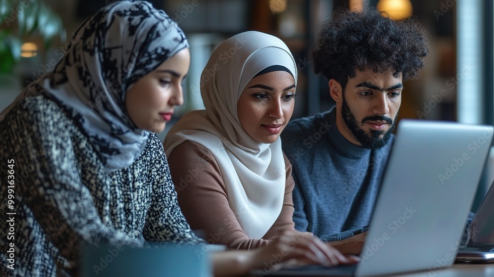 Diverse Group Collaborating on Laptop in a Modern Setting Diverse Group Collaborating on Laptop in a Modern Setting