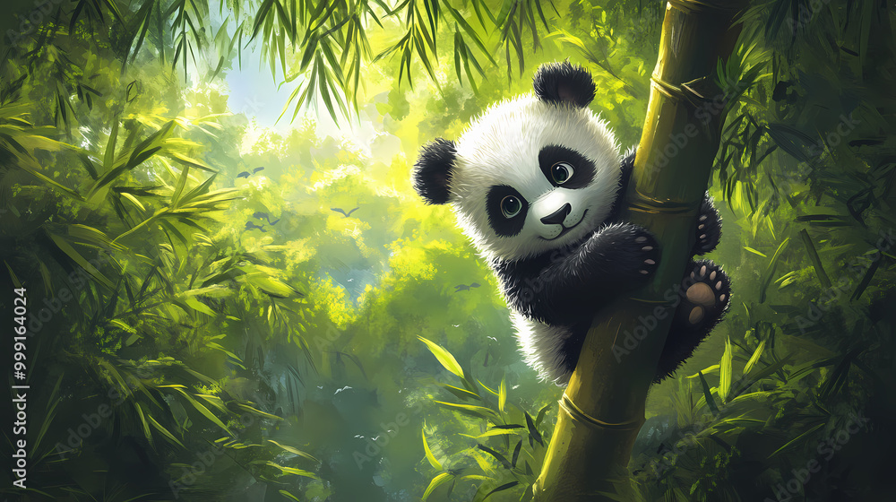 Obraz premium A curious baby panda climbing a tree in a lush bamboo forest. Bamboo Forest. Illustration