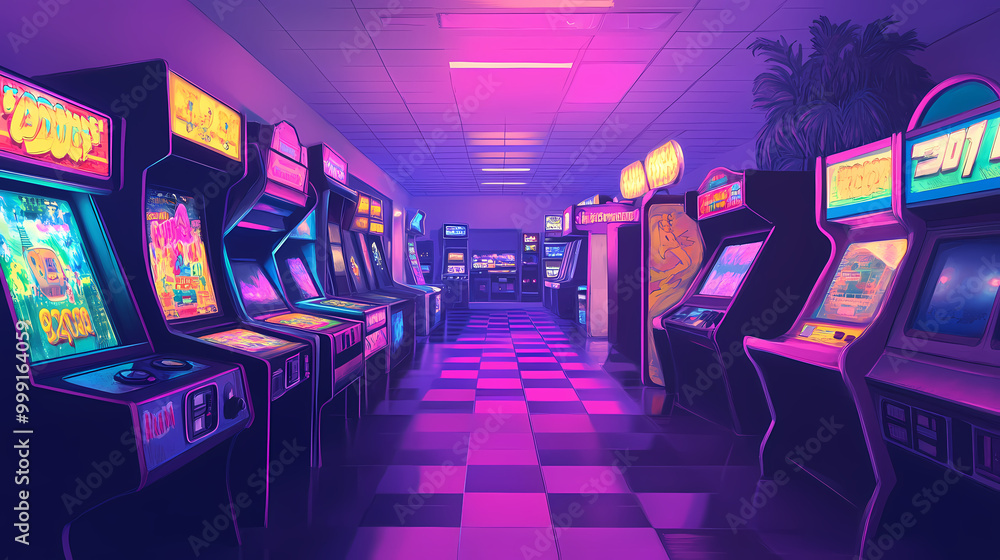 A colorful arcade filled with retro video games and flashing lights, capturing the nostalgia of gaming culture. Retro Illustration A colorful arcade filled with retro video games and flashing lights, capturing the nostalgia of gaming culture. Retro Illustration