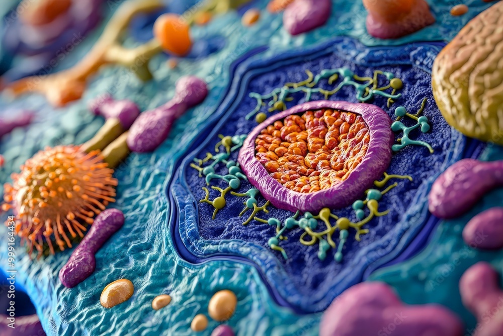 A colorful depiction of cell biology, with close-up views of cellular structures such as membranes, ribosomes, and lysosomes. A colorful depiction of cell biology, with close-up views of cellular structures such as membranes, ribosomes, and lysosomes.