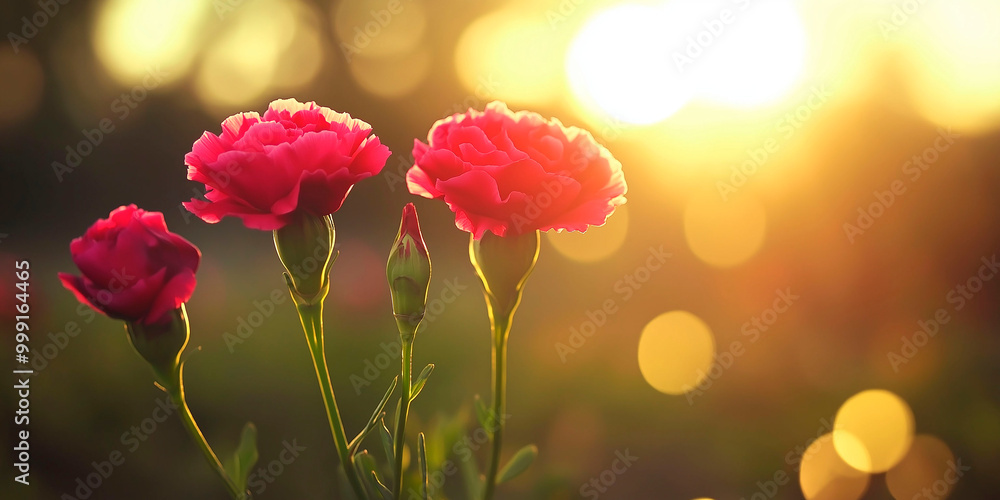 Fototapeta premium Three pink carnations in nature at sunset