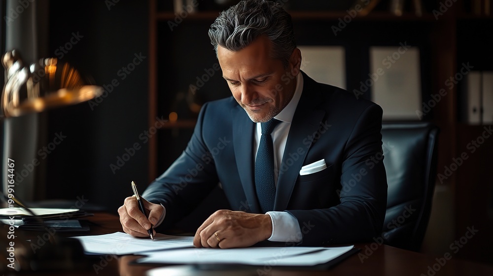 Fototapeta premium Professional Man Signing Documents in Office Setting