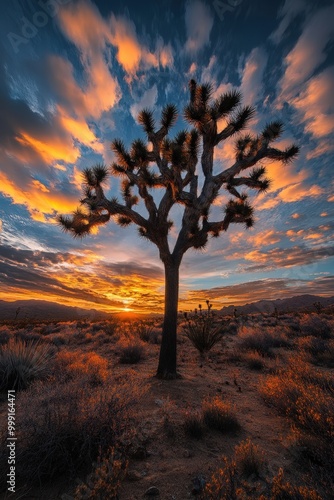 Dramatic sunset over joshua tree in desert landscape