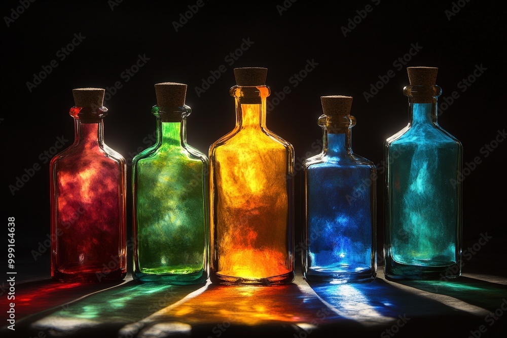 Colorful glass bottles with vibrant liquids Colorful glass bottles with vibrant liquids