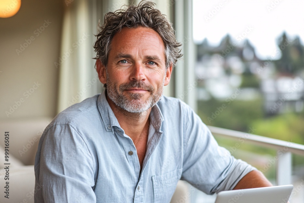 portrait of a man with laptopin his mid-40s sitting at home on the balcony with a laptop, looking happy and confident as he works from home online. He has salt-and-pepper hair styled slightly messy portrait of a man with laptopin his mid-40s sitting at home on the balcony with a laptop, looking happy and confident as he works from home online. He has salt-and-pepper hair styled slightly messy