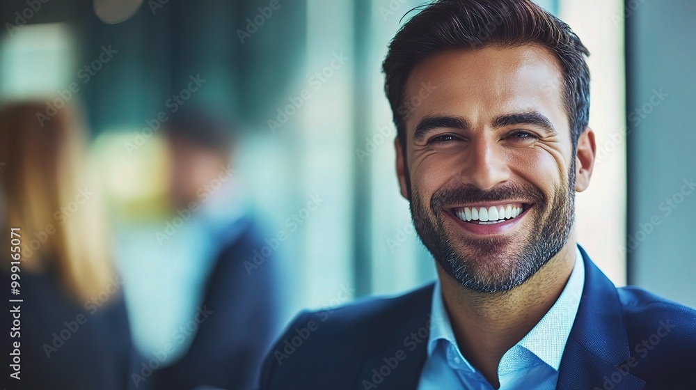 Confident Businessman Smiling in Modern Office Setting Confident Businessman Smiling in Modern Office Setting
