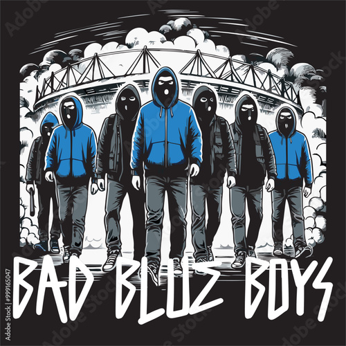 Illustration vector Graphics of A Group Football fans Ultras hooligan wear blue hoodie  