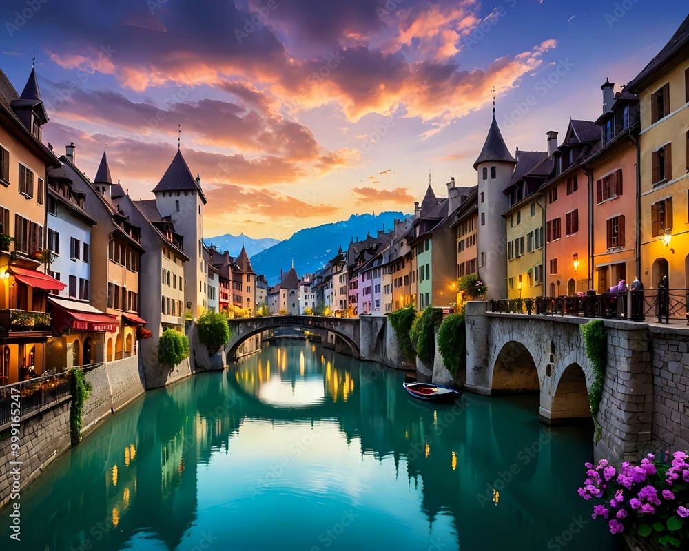 Naklejka premium Annecy old town cityscape and Thiou river view and bridge